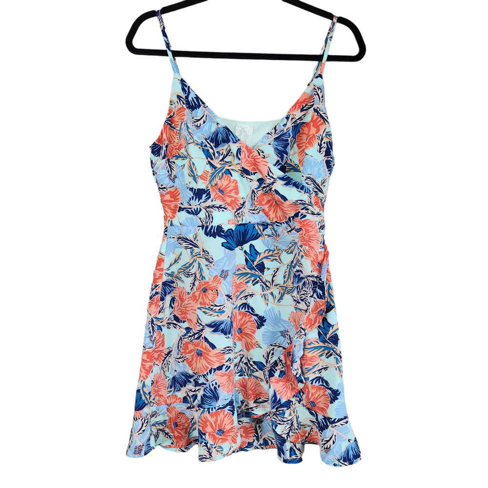 Sadie & Sage Dress SZ Small Blue Pink Hawaiian Short Mini Floral Flowers Strappy